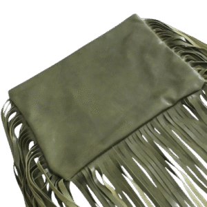 Handmade leather clutch in green color with long fringes